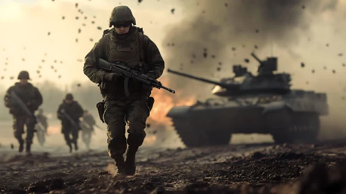 Marching Soldier with Tank in Background