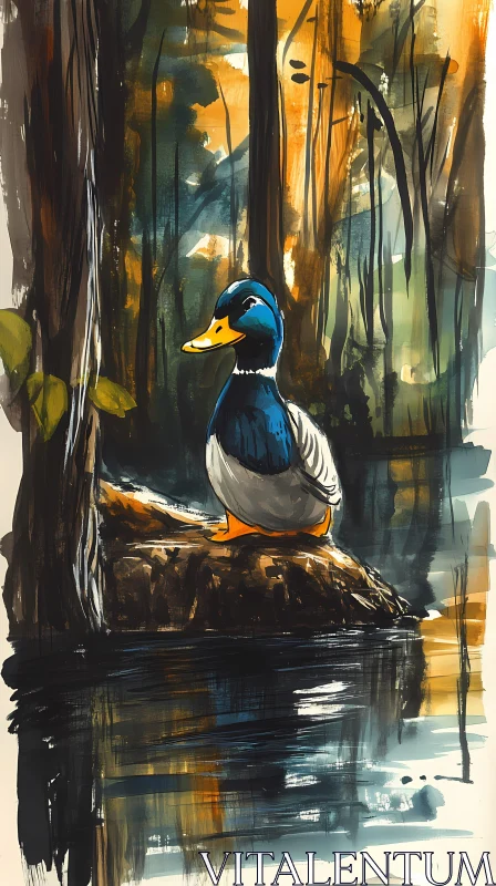 Duck in Tranquil Woodland Setting AI Image