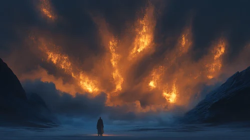 Lone Figure under Fiery Skies