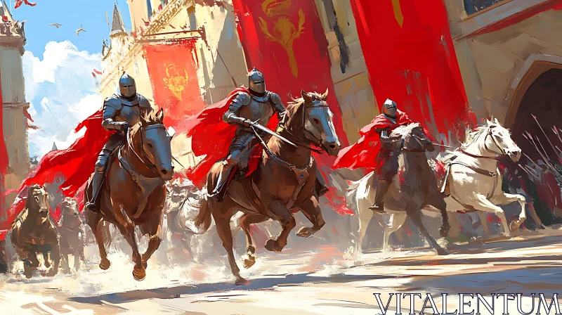 AI ART Galloping Knights with Red Banners