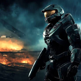 Futuristic Warrior in Combat Zone