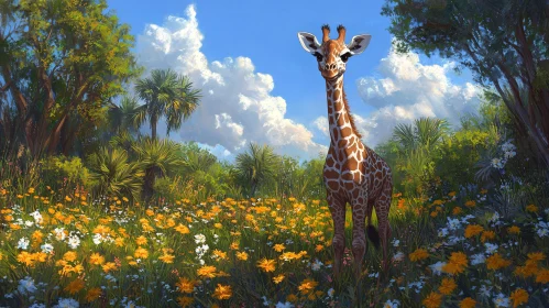 Giraffe Among Blossoming Flowers