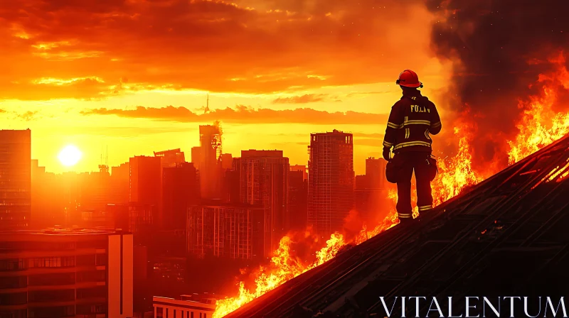 Firefighter Braving Urban Flames at Sunset AI Image