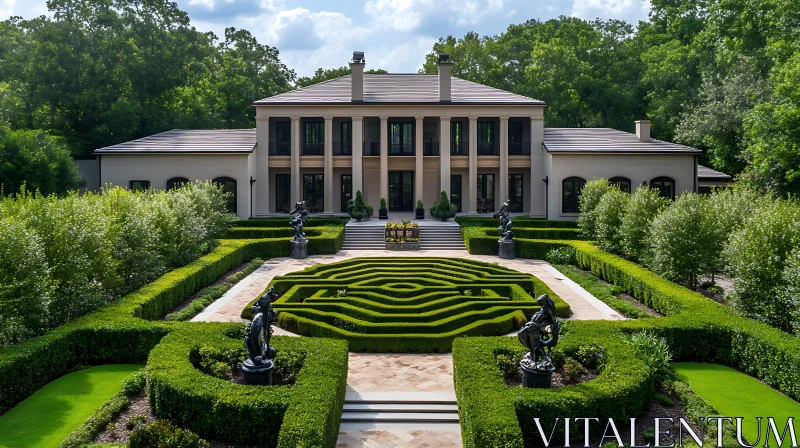 Luxury Mansion with Geometric Garden and Sculptures AI Image