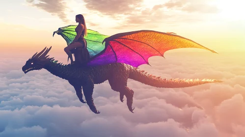 Woman Riding Dragon in Sky