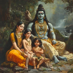 Serene Deity with Family by Waterfall