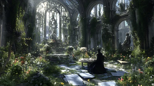 Overgrown Cathedral Ruins with Figure