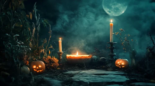 Moonlit Halloween with Candles and Pumpkins