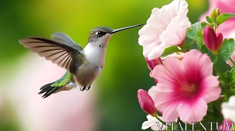 Flying Bird and Pink Flowers AI Image