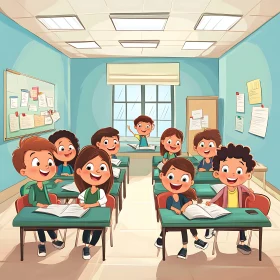 Cartoon Kids Learning at School