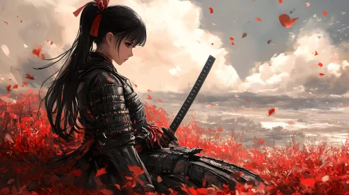 Female Warrior with Katana and Flowers