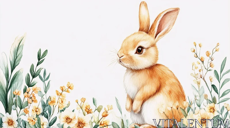 Springtime Bunny and Flowers Illustration AI Image