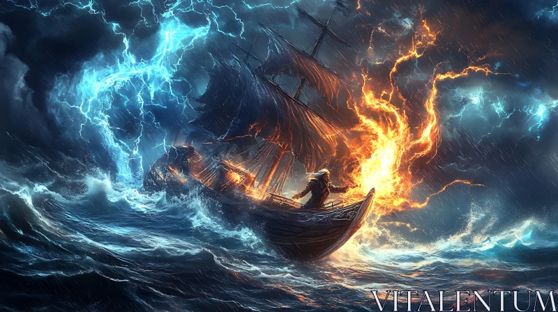 AI ART Burning Ship in a Lightning Storm