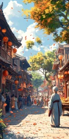 Vibrant Asian Street with Red Lanterns