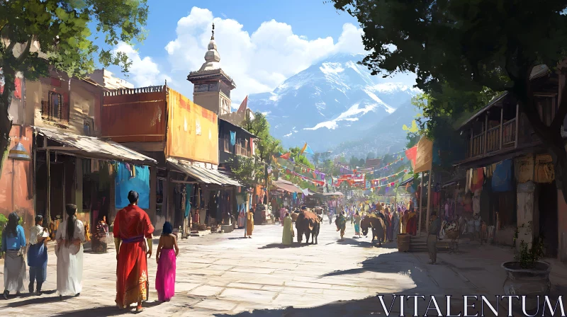 Lively Street Scene in a Mountain City AI Image