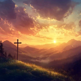 Cross on Hill at Sunset