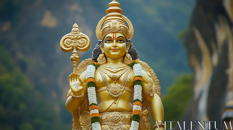 Golden Hindu Deity Statue with Floral Garlands AI Image