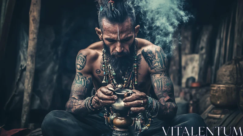 Mystical Man with Tattoos and Beard AI Image