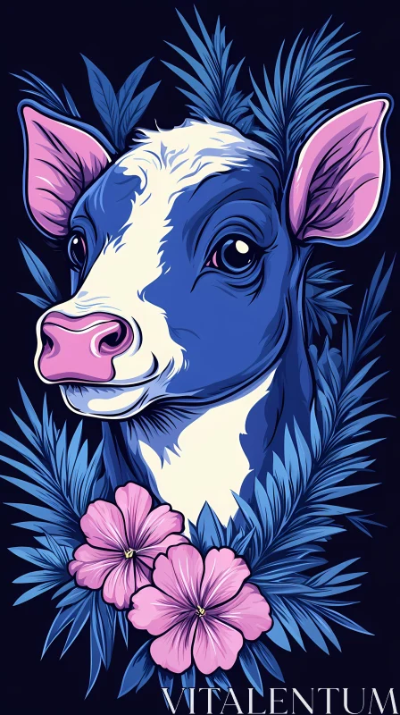 Surreal Cow Portrait with Flowers AI Image