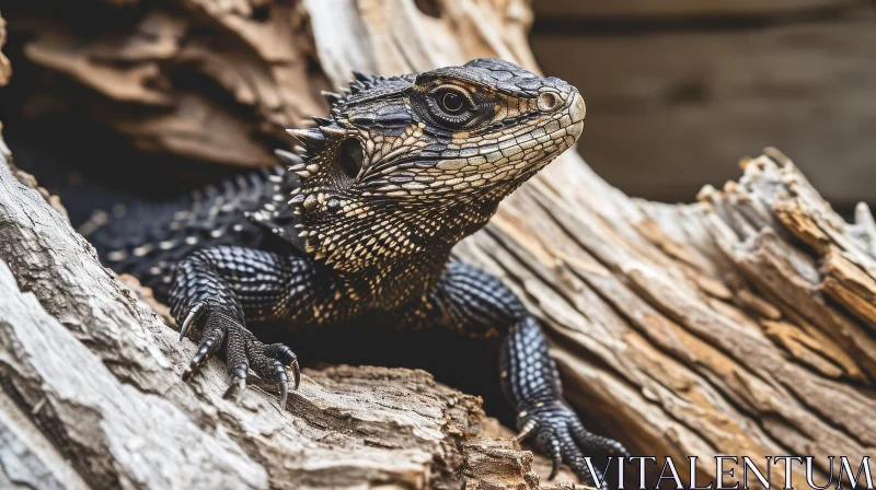 Black Lizard on Wood: Close-up Nature Photography AI Image