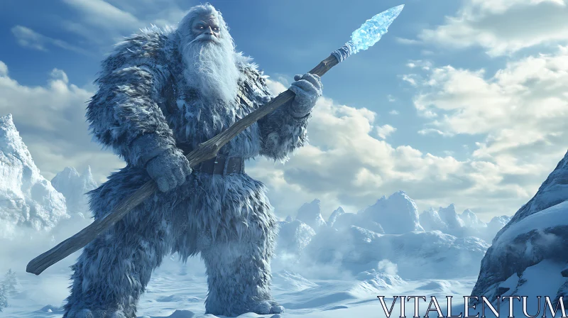 Mythical Yeti with Ice Spear in Winter AI Image