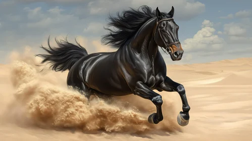 Powerful Black Horse in Desert