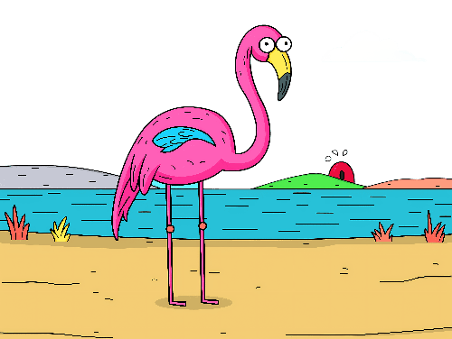 POD Design Charming Cartoon Flamingo on Beach - Ideal for Merchandise Design