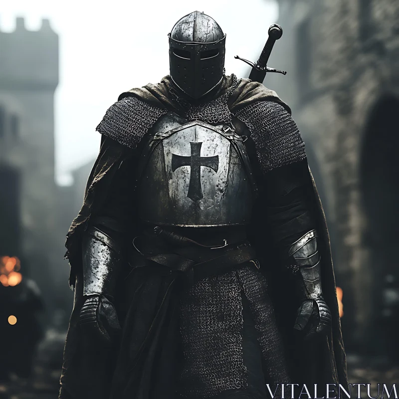 Armored Knight with Sword in Cityscape AI Image