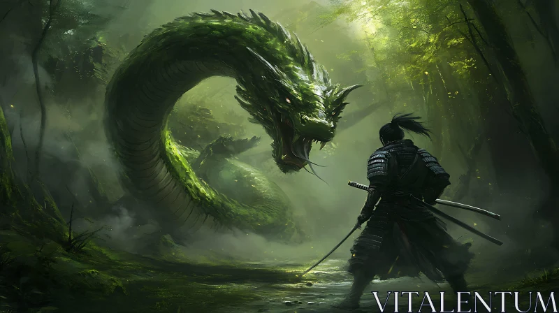 Warrior Confronts Dragon in Ancient Forest AI Image