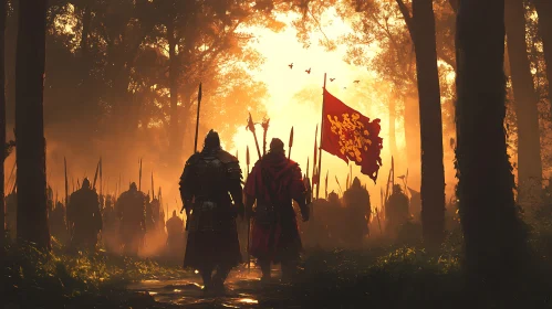 Army in Forest with Flag