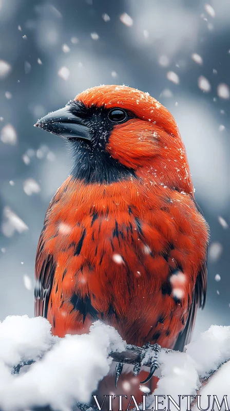 Scarlet Bird Amidst Snowfall AI Image