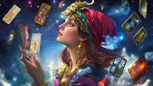 Mystic Woman with Tarot Cards in Space