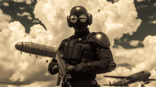 Futuristic Soldier with Aircraft