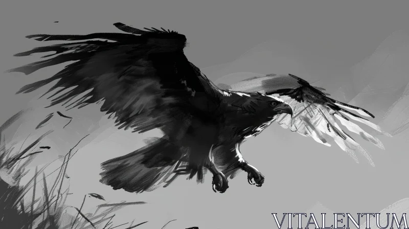 Majestic Eagle in Flight - Black and White Digital Painting AI Image