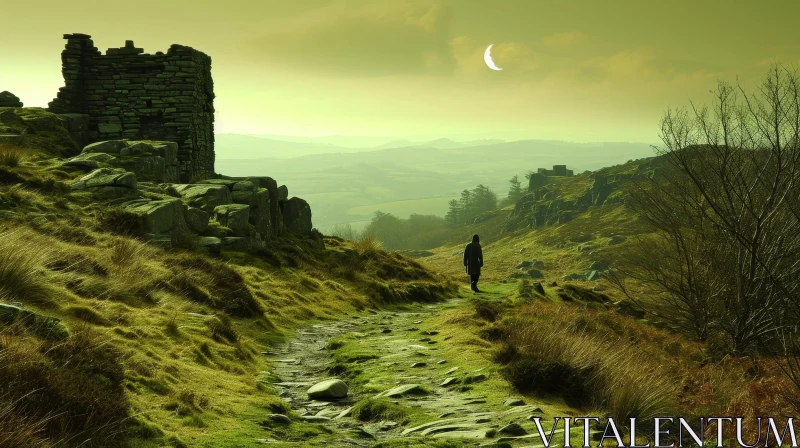 Mysterious Path in the Countryside with Ruined Castle and Crescent Moon AI Image