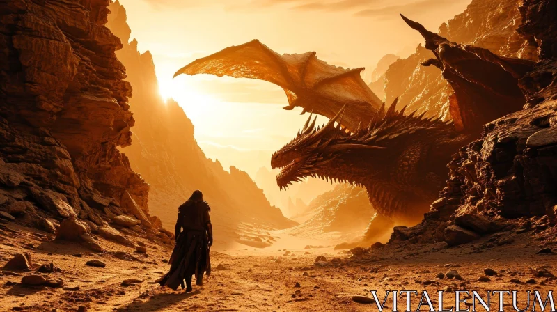 Powerful Dragon Confronts Human in Fantasy Desert Landscape AI Image