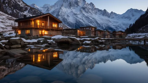 Snowy Mountain Chalets Reflecting in Water at Dusk