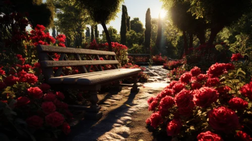 Sunlit Bench Amidst Red Roses in Mediterranean Landscape