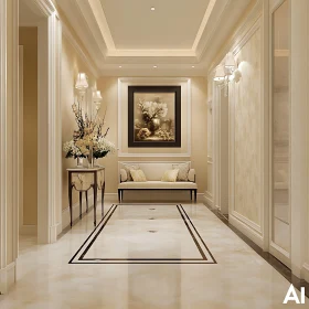 Elegant Hallway with Marble Flooring and Floral Art