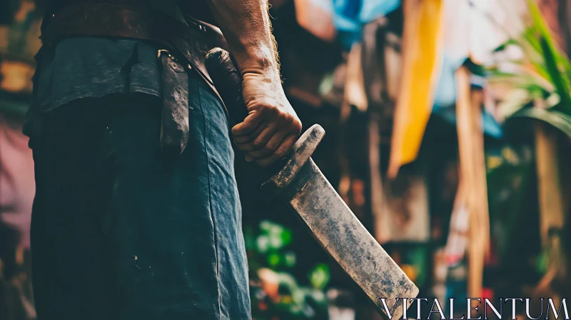 AI ART Warrior Holding Sword in Shadowy Setting