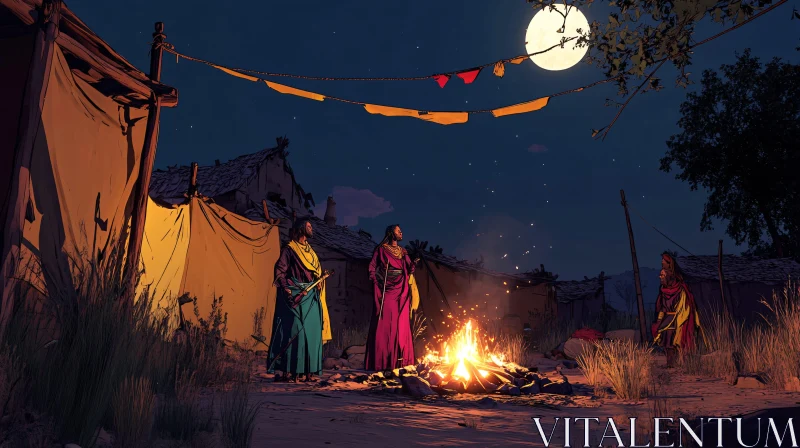 Night Campfire Under the Moon AI Image