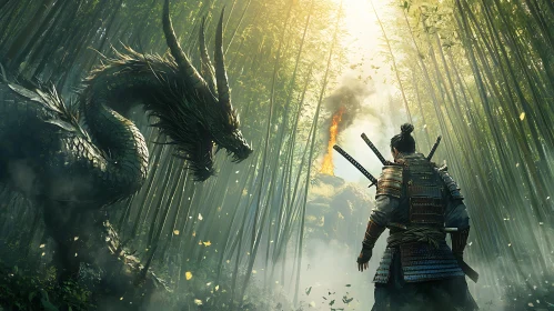 Warrior Confronts Dragon in Bamboo Forest