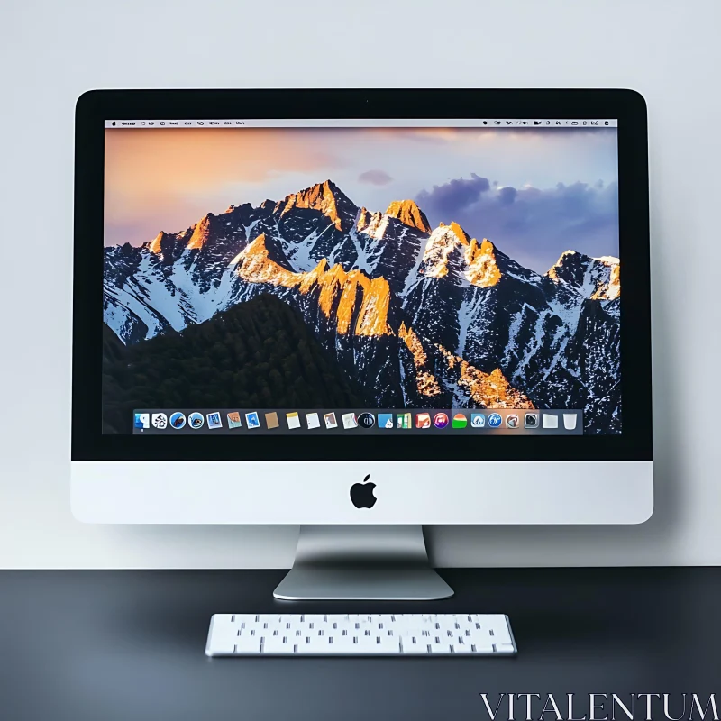 iMac Desk Setup with Mountain Scenery AI Image