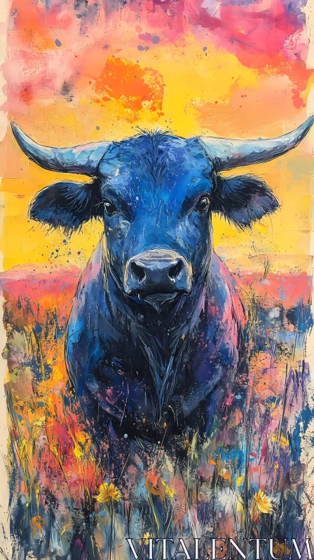 AI ART Vibrant Bull Artwork in Field