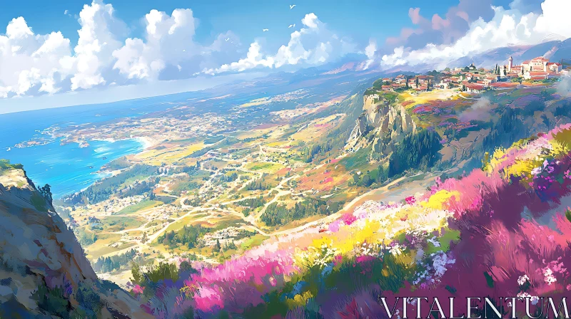 Blooming Seascape Village Vista AI Image