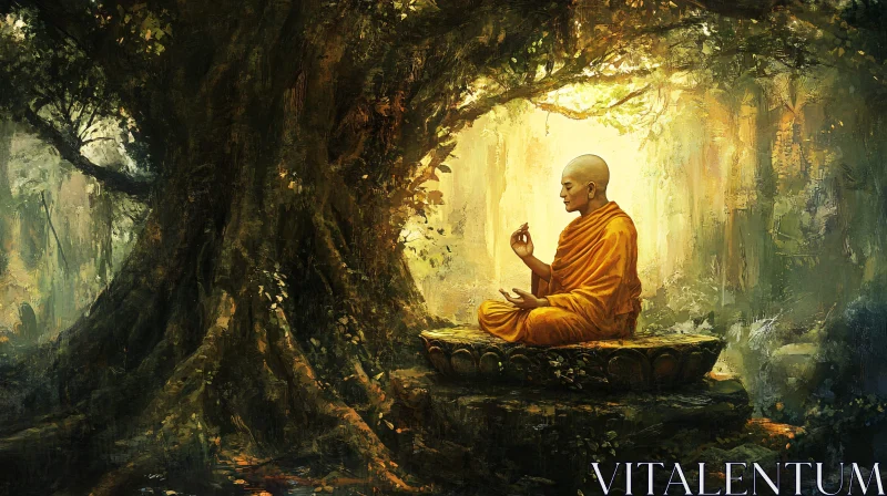 Peaceful Monk in Forest Meditation AI Image