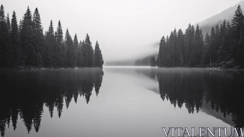 AI ART Misty Lake Reflection with Evergreen Forest