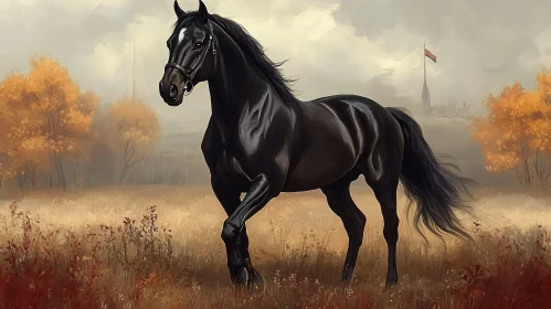 Elegant Black Steed in Fall Setting
