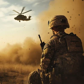 Military Soldier with Helicopter Support
