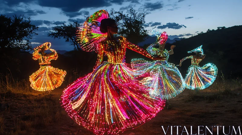 Glowing Figures in Field at Dusk AI Image